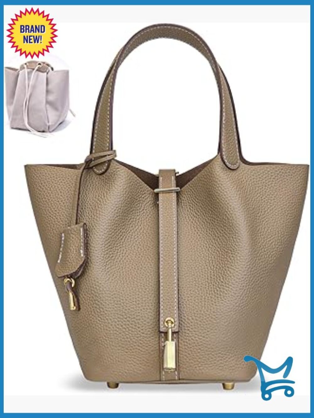 Genuine Leather Bucket Tote Bag with Lock Closure, Top Handle, 2 Compartments